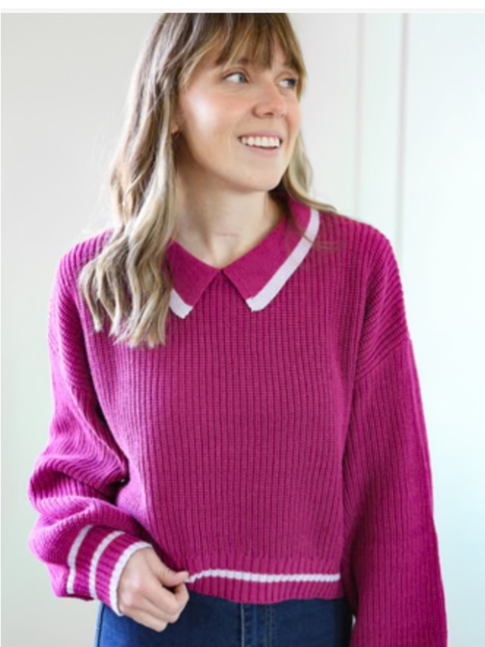 Zaful Bright Fuchsia Ribbed Sweater with White Trim